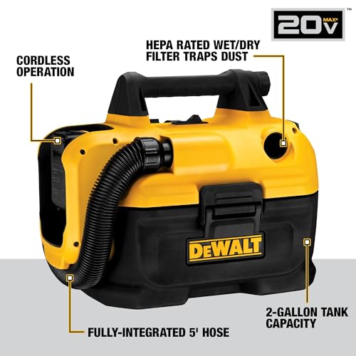 DEWALT 20V MAX Cordless Shop Vac, Wet Dry Vacuum Cleaner, Portable 2 Gallon Wet Dry Vac, Strong Suction Shop Vacuum with Hepa Filter, Tool Only (DCV580H) - Image 3