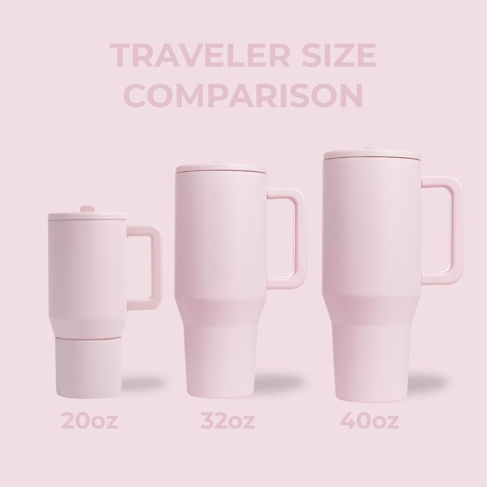 HydroJug Traveler - 32 oz Water Bottle with Handle & Flip Straw - Fits in Cup Holder, Leak Resistant Tumbler-Reusable Insulated Stainless Steel & Rubber Base - Gifts for Women & Men, Pink Sand