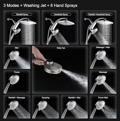 High Pressure Rain Shower Head: Upgrade Shower Heads with Handheld Spray Combo with Fixed Showerhead and 10 Sprays Handheld Shower Head, Detachable Showerheads Built-in Magnetic Docking and Power Jets - Image 3