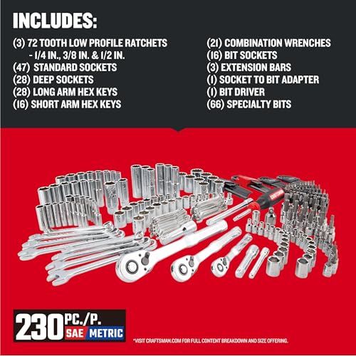 CRAFTSMAN 230 Pcs Mechanics Tool Set, Socket Wrench Set, Car Tool Kit with VERSASTACK Toolbox, SAE and Metric,1/4 in, 3/8 in, and 1/2 Drive, Short and Long Arm Hex Keys (CMMT45306) - Image 4