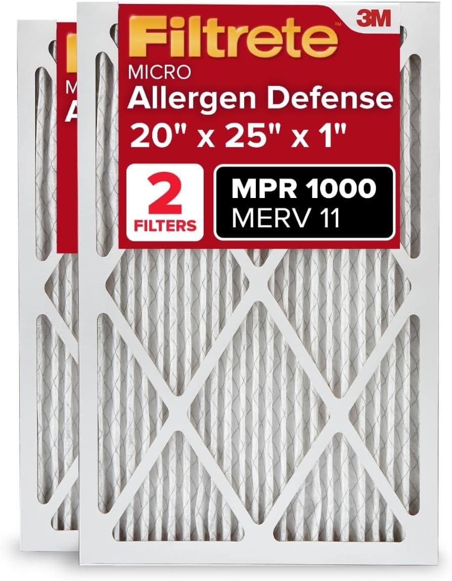 Filtrete 20x25x1 AC Furnace Air Filter, MERV 11, MPR 1000, Micro Allergen Defense, 3-Month Pleated 1-Inch Electrostatic Air Cleaning Filter, 2 Pack (Actual Size 19.688 x 24.688 x 0.84 in)