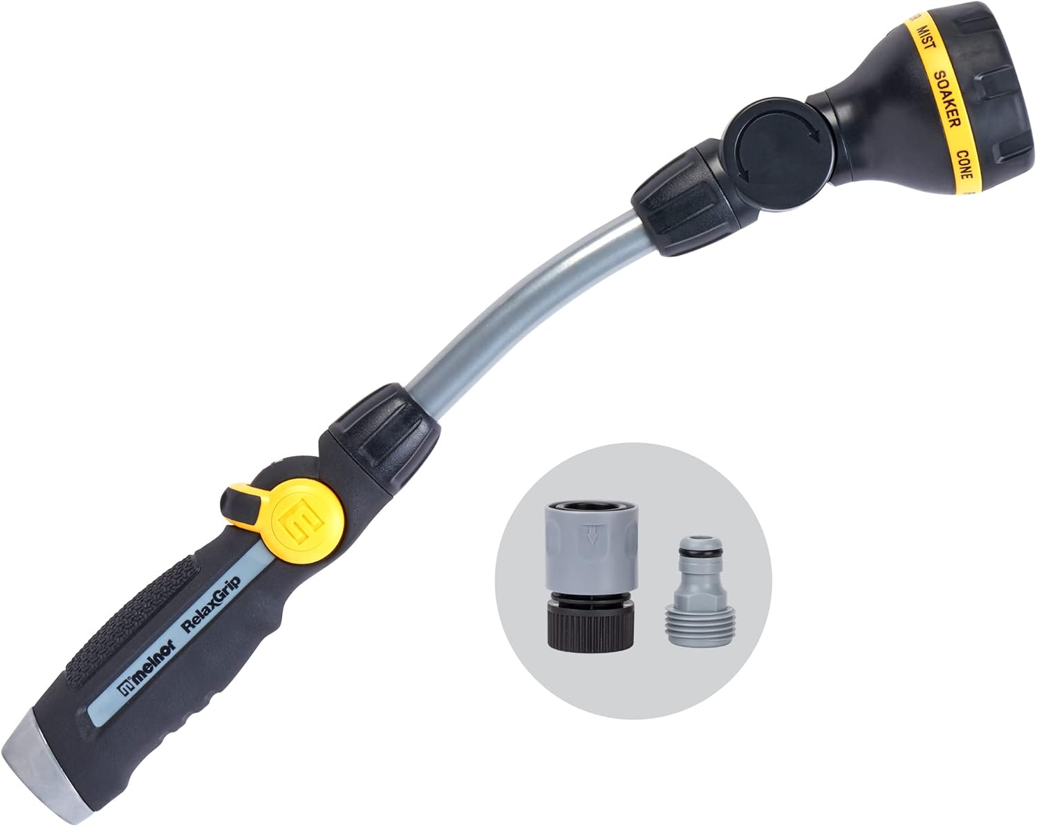 Melnor 65173AMZ RelaxGrip 8 Pattern 16" Pivoting Wand Bundle, Metal, Black, Yellow