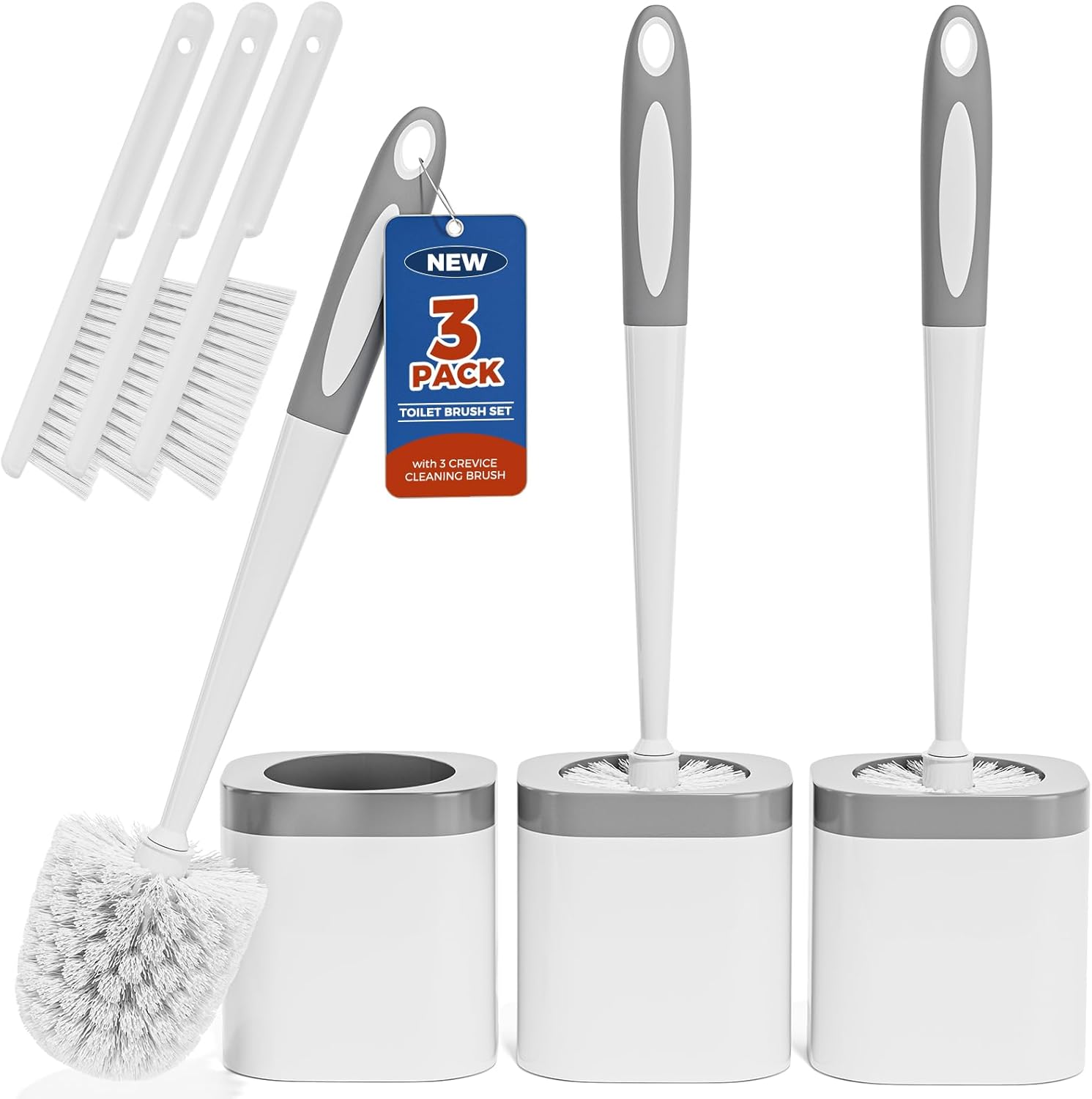 Holaloha Toilet Brush, 3 Pack Toilet Brush and Holder Set Bathroom Accessories, Toilet Bowl Brush and Holder with 3 Crevice Brush for Bathroom, Toilet Scrubber Brush (White)