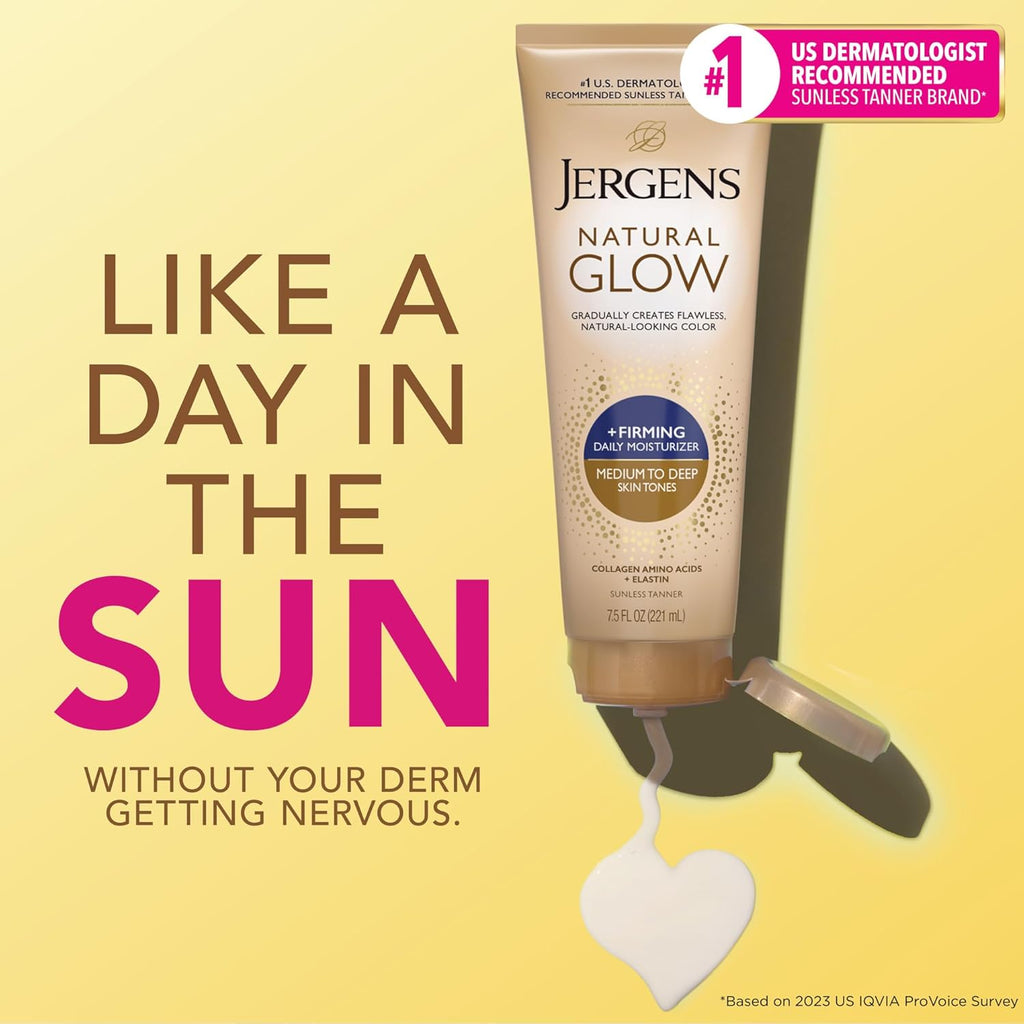 Jergens Natural Glow +Firming Self Tanner Body Lotion, Medium to Deep Skin Tone, Sunless Tanning Moisturizer with Collagen and Elastin, Helps to Visibly Reduce Cellulite, 7.5 Oz, Pack of 2