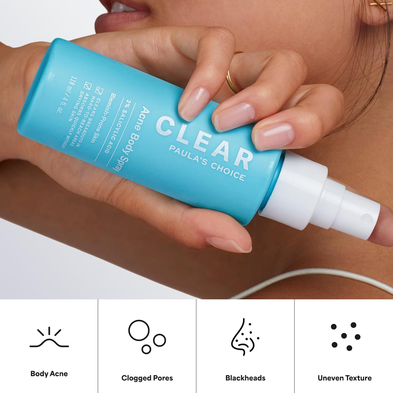 Paula's Choice CLEAR Exfoliating Back & Body Acne Spray, Bacne Spray with 2% BHA Salicylic Acid Back Acne Treatment for Clogged Pores, Blackheads & Breakouts, Alcohol-Free, Fragrance-Free, 4 Fl Oz