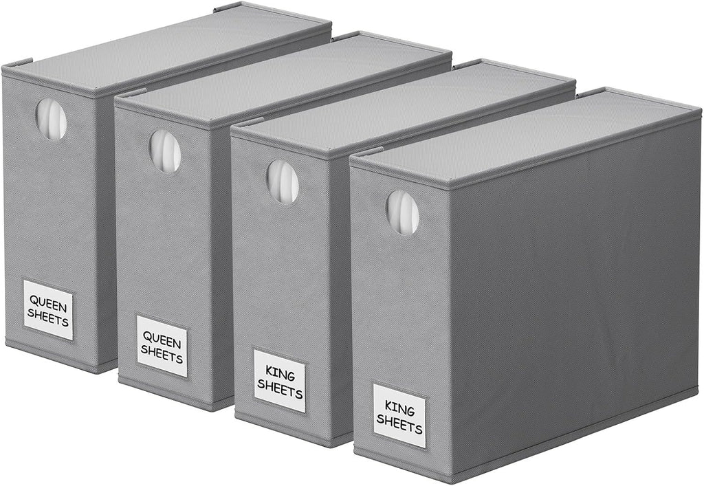 SpaceAid 4 Pack Bed Sheet Organizers and Storage, Foldable Organizer for Linen Closet, Sheets Set Folder Keeper with Window XL (Queen & King Size) Organizing Bedding Container, Gray 91ZDSN-SL01-G4