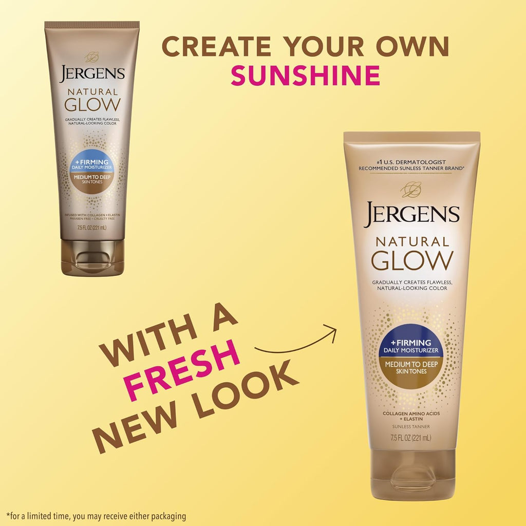 Jergens Natural Glow +Firming Self Tanner Body Lotion, Medium to Deep Skin Tone, Sunless Tanning Moisturizer with Collagen and Elastin, Helps to Visibly Reduce Cellulite, 7.5 Oz, Pack of 2
