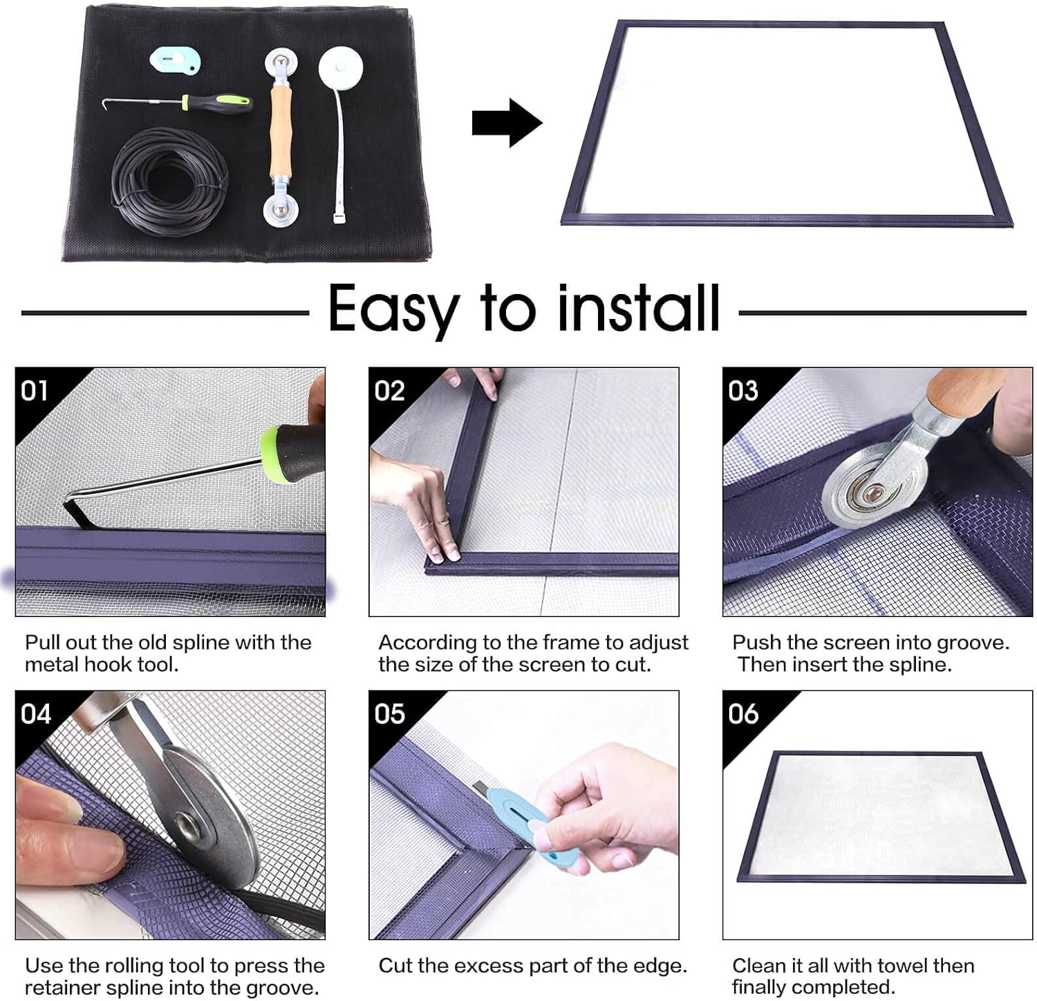 Windows Screen and Screen Door Repair Kit, 48"x118" Charcoal Fiberglass Mesh with Rolling Tool/Hook/Ruler/Cutter/Spline - Window Screen & Sliding Screen Door Replacement for Windows, TOOLTRIZ