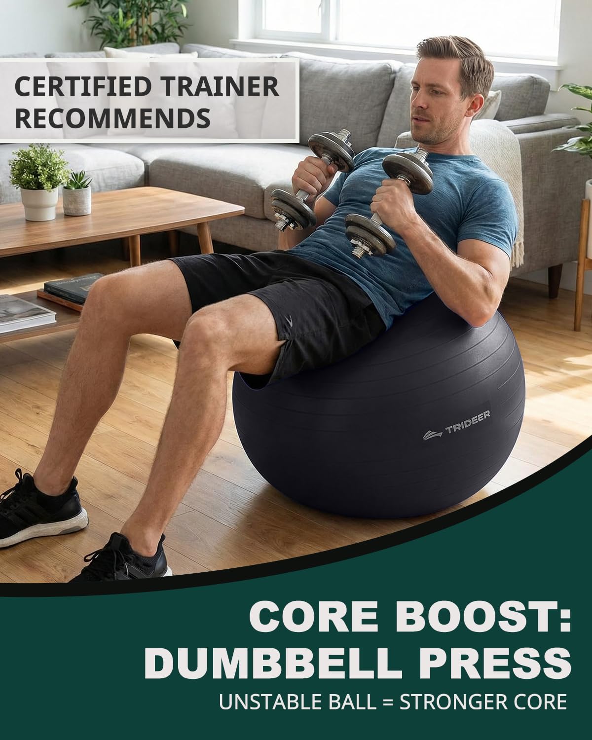 Trideer Exercise Ball for Yoga, Pilates & Fitness – Stability Ball Equipment for Home Gym & Office Chair, Core & Balance Training Accessories, Physical Therapy Equipment, Quick Pump Included, 5 Sizes