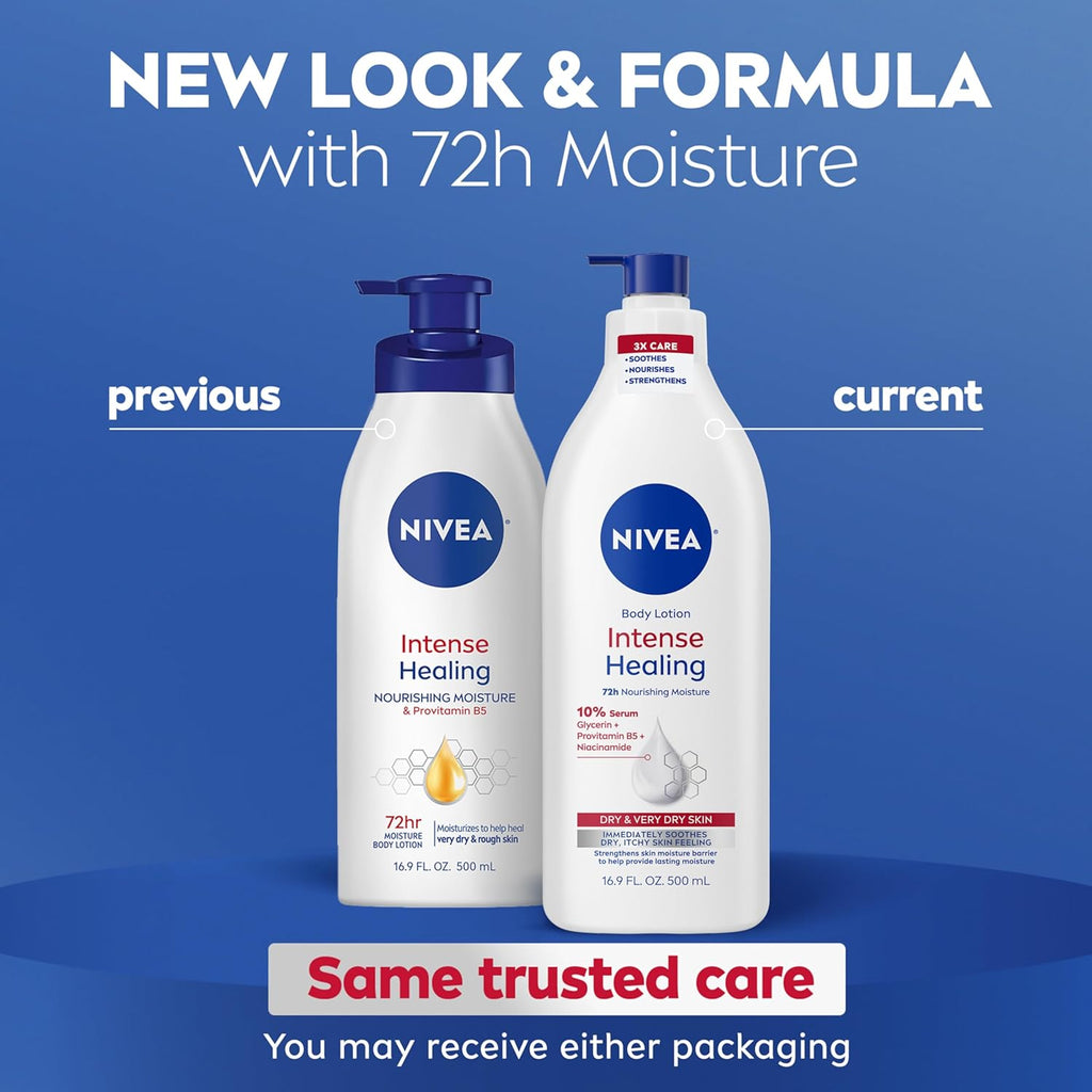 NIVEA Intense Healing Body Lotion for Very Dry, Itchy Skin with Glycerin, Provitamin B5 and Niacinamide, 72-Hour Body Moisturizer, 16.9 Fl Oz Pump Bottle