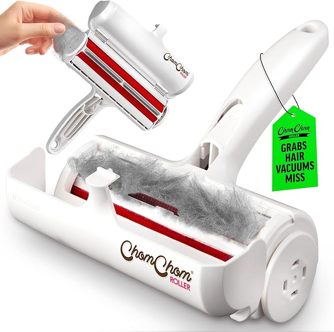 ChomChom Roller Pet Hair Remover – Original Size Reusable Lint Roller for Cat & Dog Hair on Furniture, Couch, Carpet, Car, Rugs & Bedding – Portable, Eco-Friendly (White)