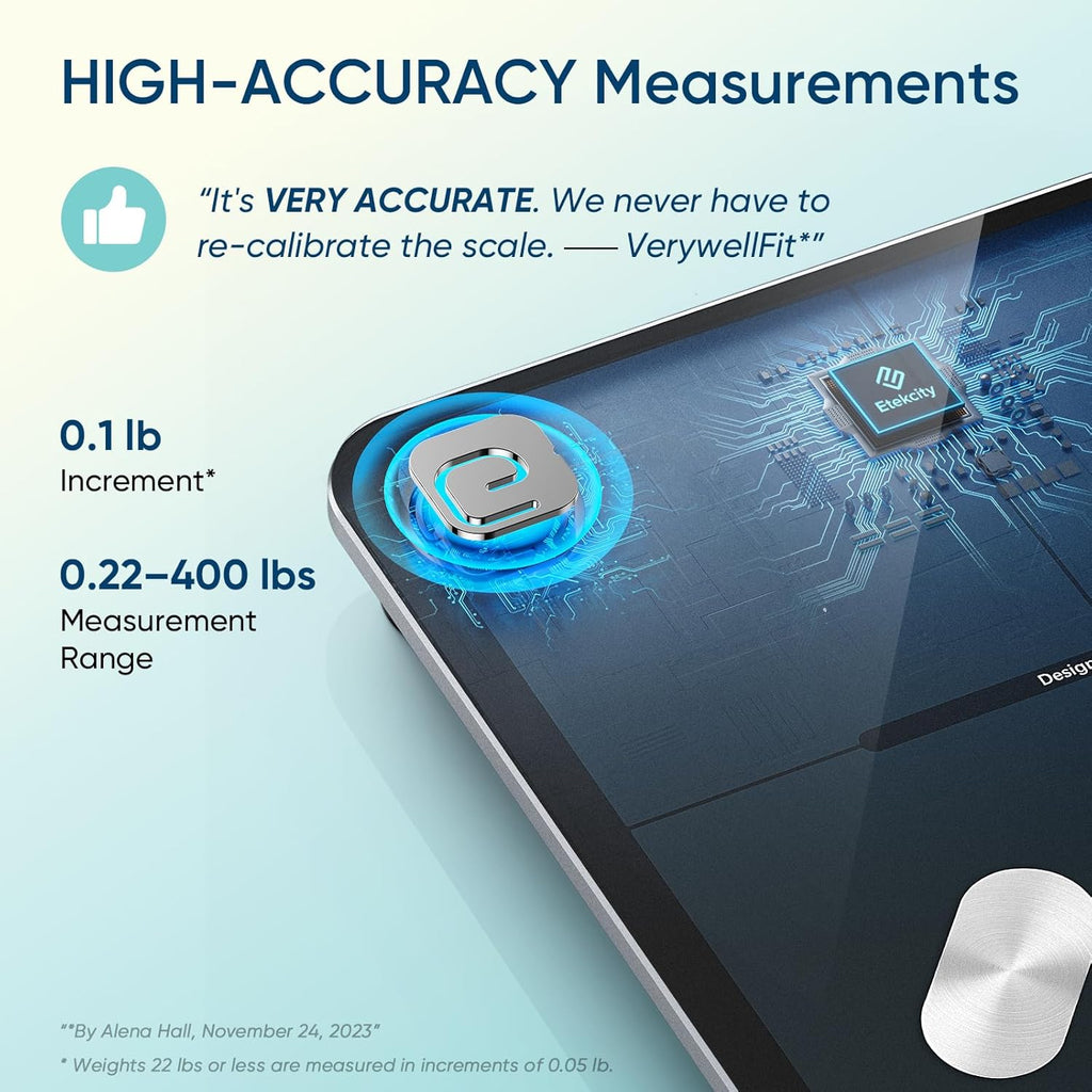 Etekcity Smart Scale for Body Weight, FSA&HSA Eligible, Bathroom Digital Weighing Scale with BMI, Body Fat, Muscle Mass, Accurate Bluetooth Home User Health Equipment Sync Apps, LED, Tempered glass