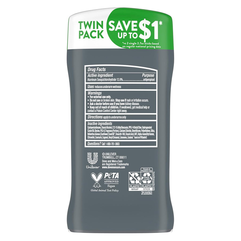Dove Men+Care Extra Fresh Men's Antiperspirant Deodorant Stick Extra Fresh Twin pack With 72-hour sweat & odor protection with 1/4 Moisturizing Cream & Long-lasting Citrus Scent 2.7 oz