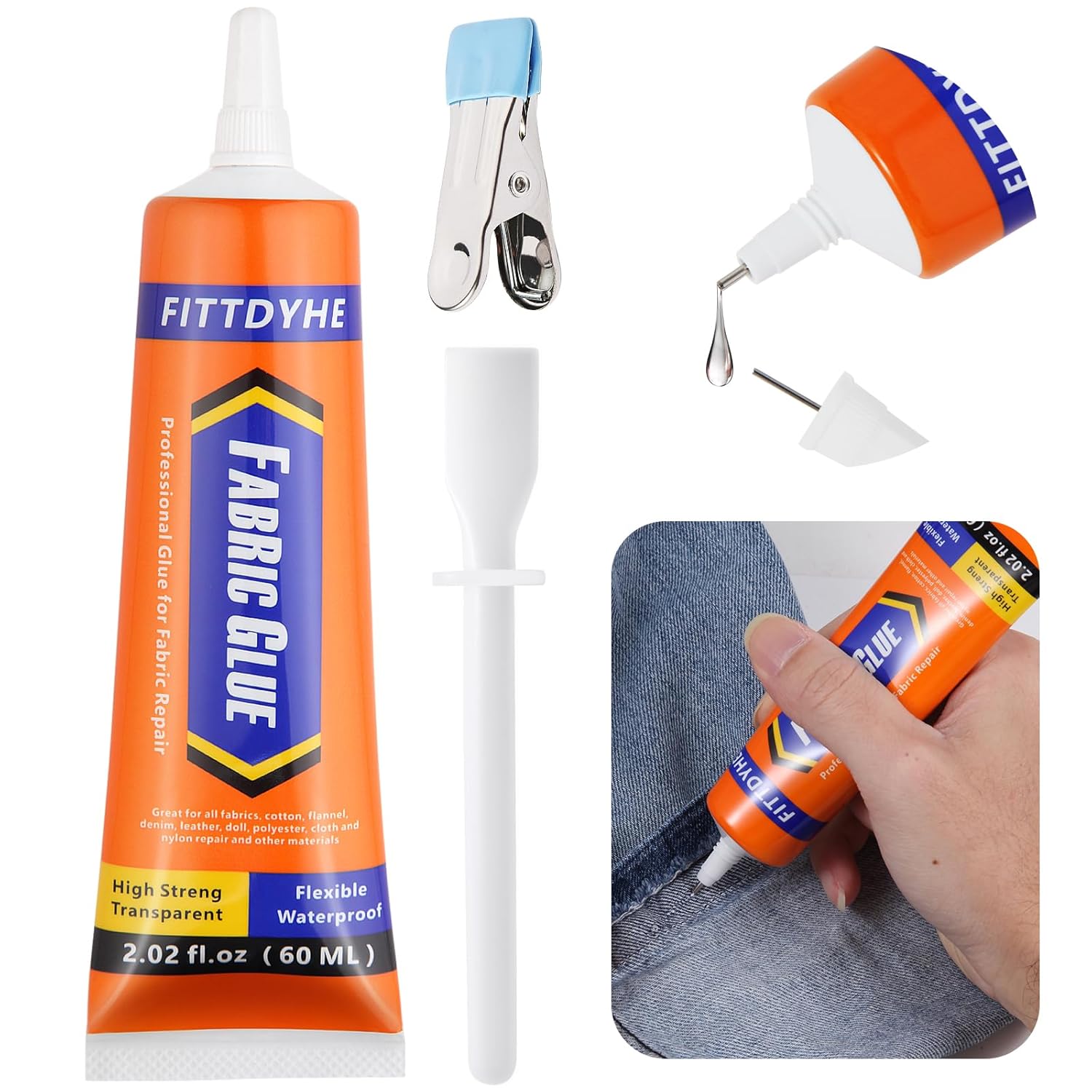 FITTDYHE Fabric Glue Permanent, 60 ML Washable Clear Clothing Glue, Super Fabric Glue for Rhinestones, Patches, Clothes, Denim, Leather, Polyester, Fabrics, Doll Repair, Flannel, Cotton