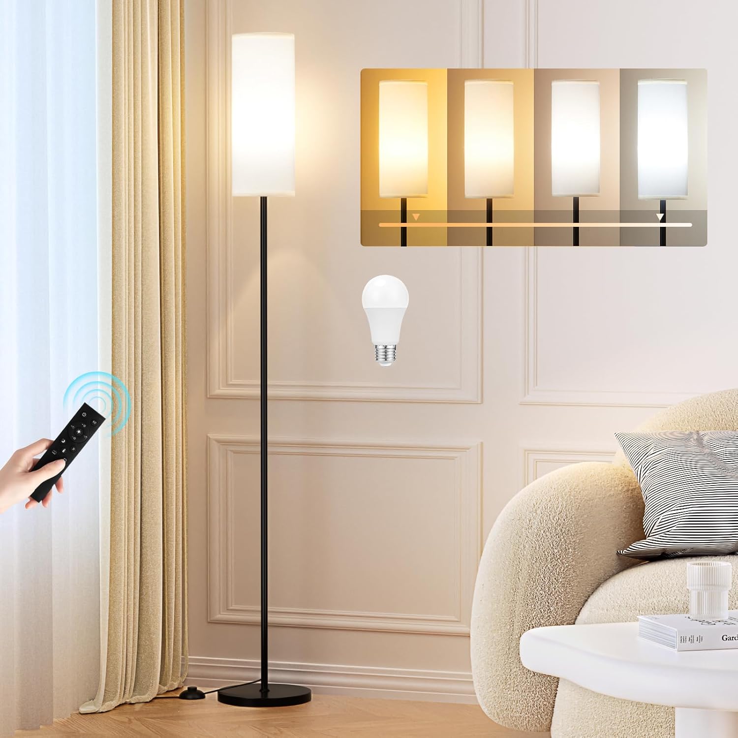 Ambimall Floor Lamps for Living Room, 64" Modern Floor Lamp with Remote Control and Stepless Dimmable Colors Temperature & Brightness, Standing Lamps for Living Room Bedroom Office, 9W Bulb Included