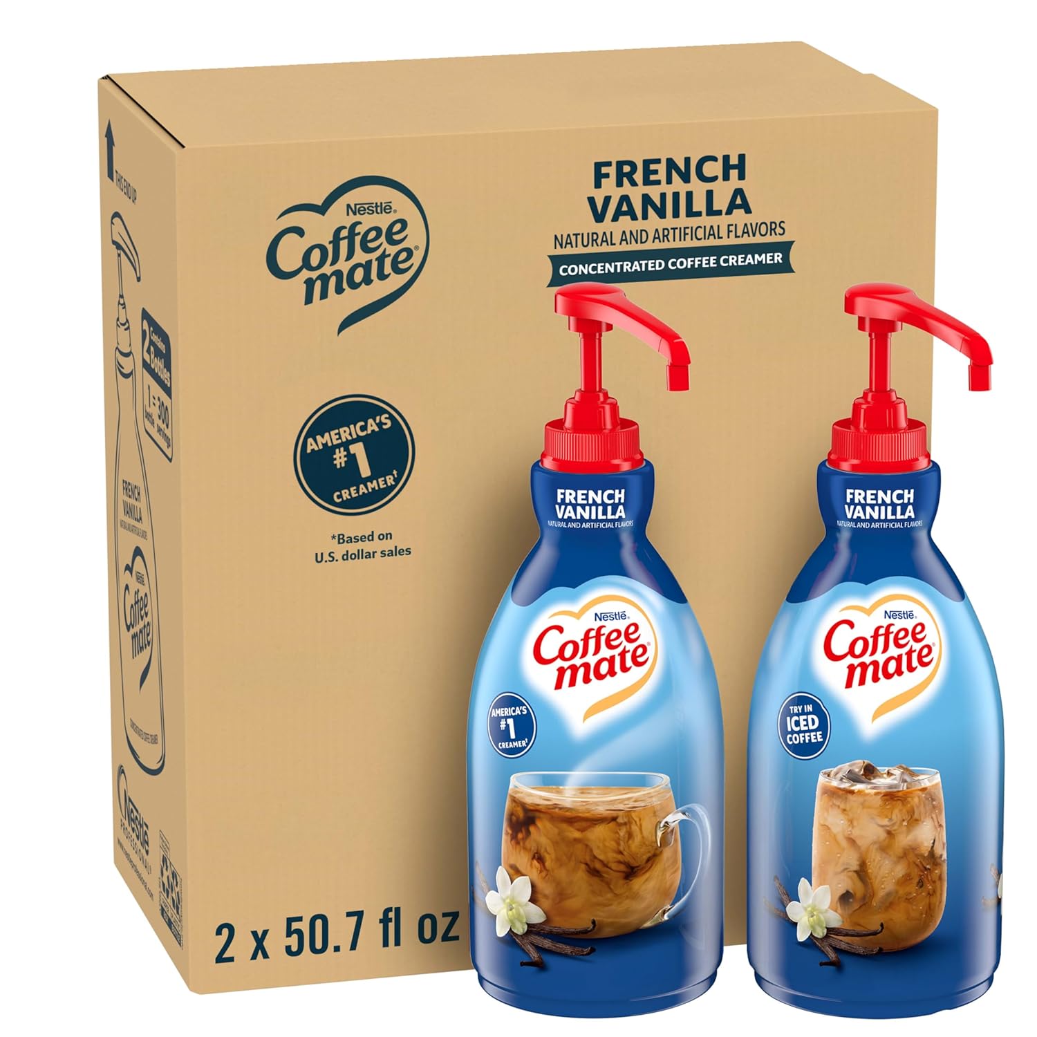 Nestle Coffee mate Coffee Creamer, French Vanilla, Concentrated Liquid Pump Bottle, Non Dairy, No Refrigeration, 50.7 fl oz (Pack of 2)
