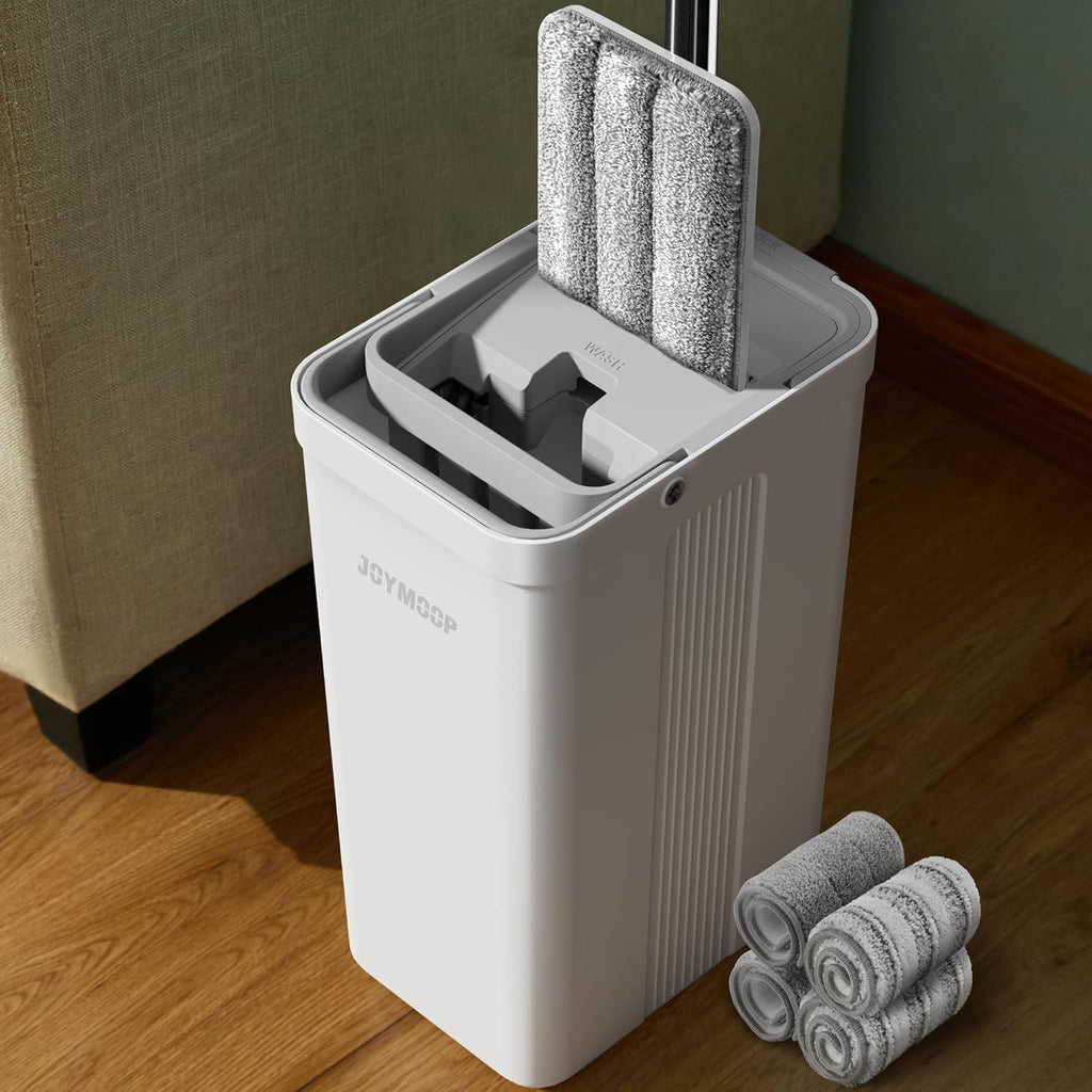 JOYMOOP Mop and Bucket Set with Wringer, Flat Mops for Floor Cleaning, Wall Mop Cleaner with Long Handle, Hardwood Floor Mop with 4 Microfiber Pads