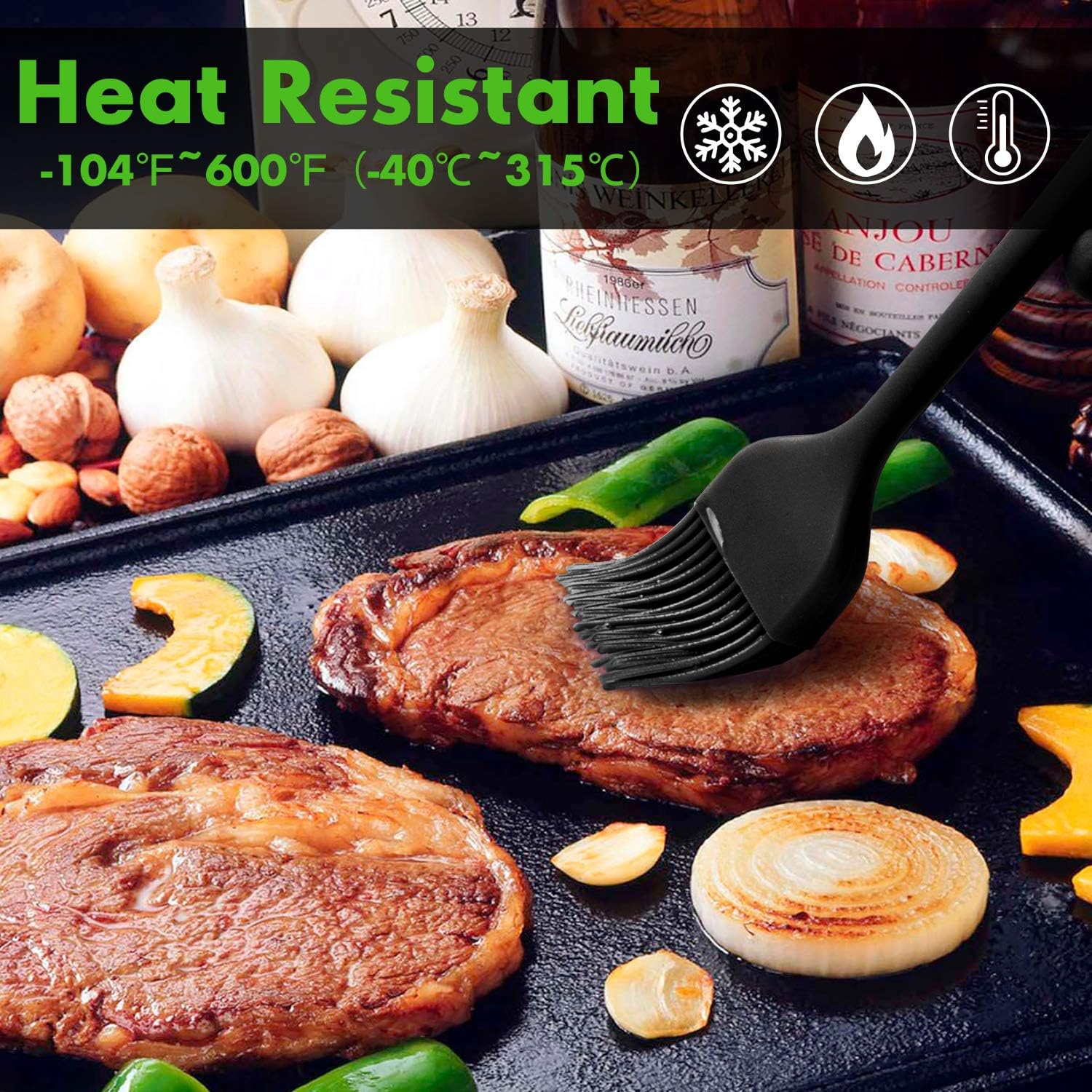 HOTEC 600℉ Heat Resistasnt Basting Brushes, BPA Free Silicone Pastry Brush, Spread Oil Butter Sauce Marinades for BBQ Grill Barbecue Baking Kitchen Cooking Dishwasher Safe (Black 2)