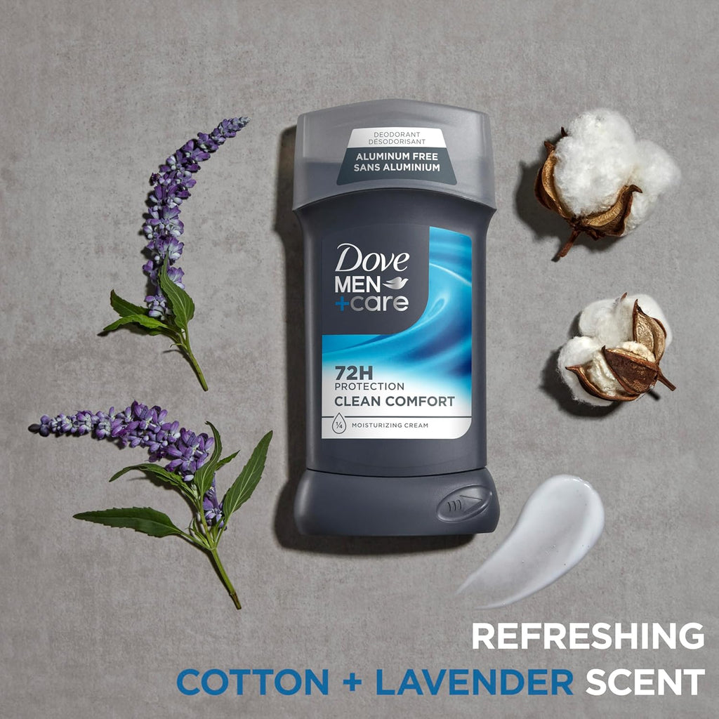 DOVE MEN + CARE Deodorant Stick for Men Clean Comfort 4 Count Aluminum Free 72-Hour Odor Protection Mens Deodorant with 1/4 Moisturizing Cream 3 oz (Pack of 4)