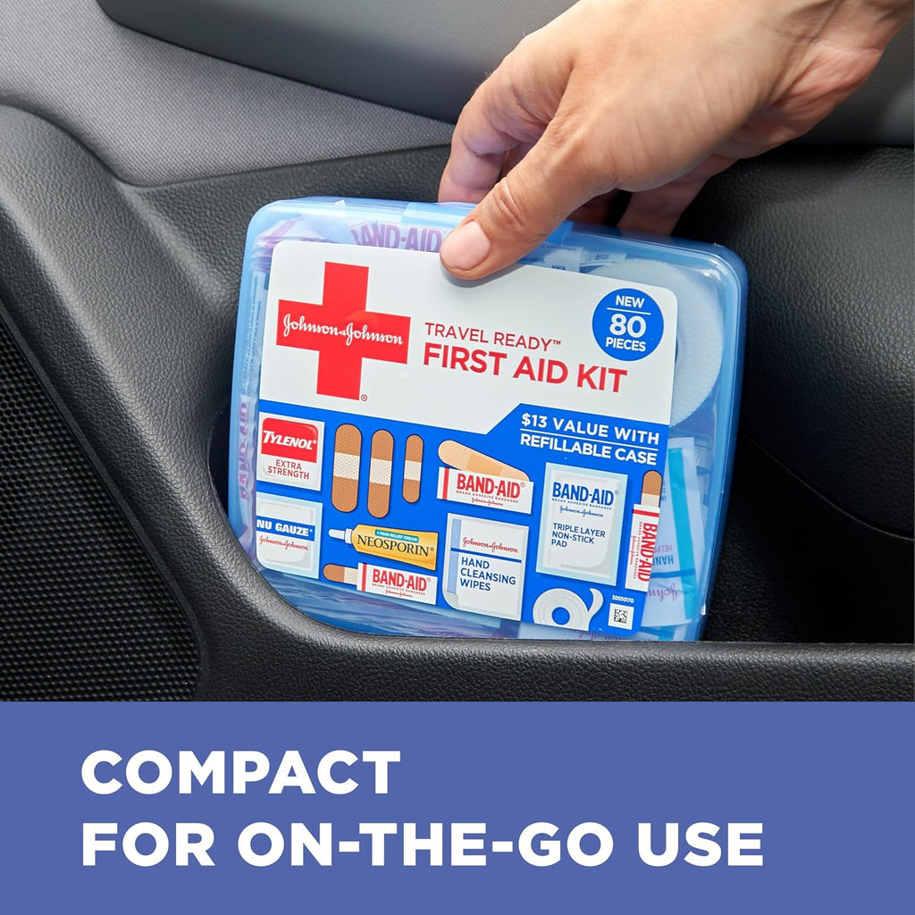 BAND-AID Brand Travel Ready Portable Emergency First Aid Kit for Minor Wound Care, Perfect for Home, Car, Travel, Camping Essentials & Outdoor Emergency Kit, 80 Pieces