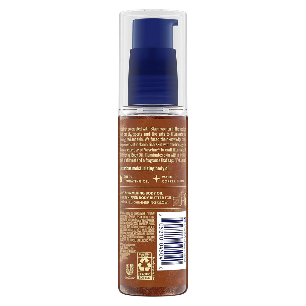 Vaseline Illuminate Me Shimmering Body Oil Created for Melanin Rich Skin, Illuminates Skin with Finishing Touch of Shimmer for Glowing Skin 3.3 oz