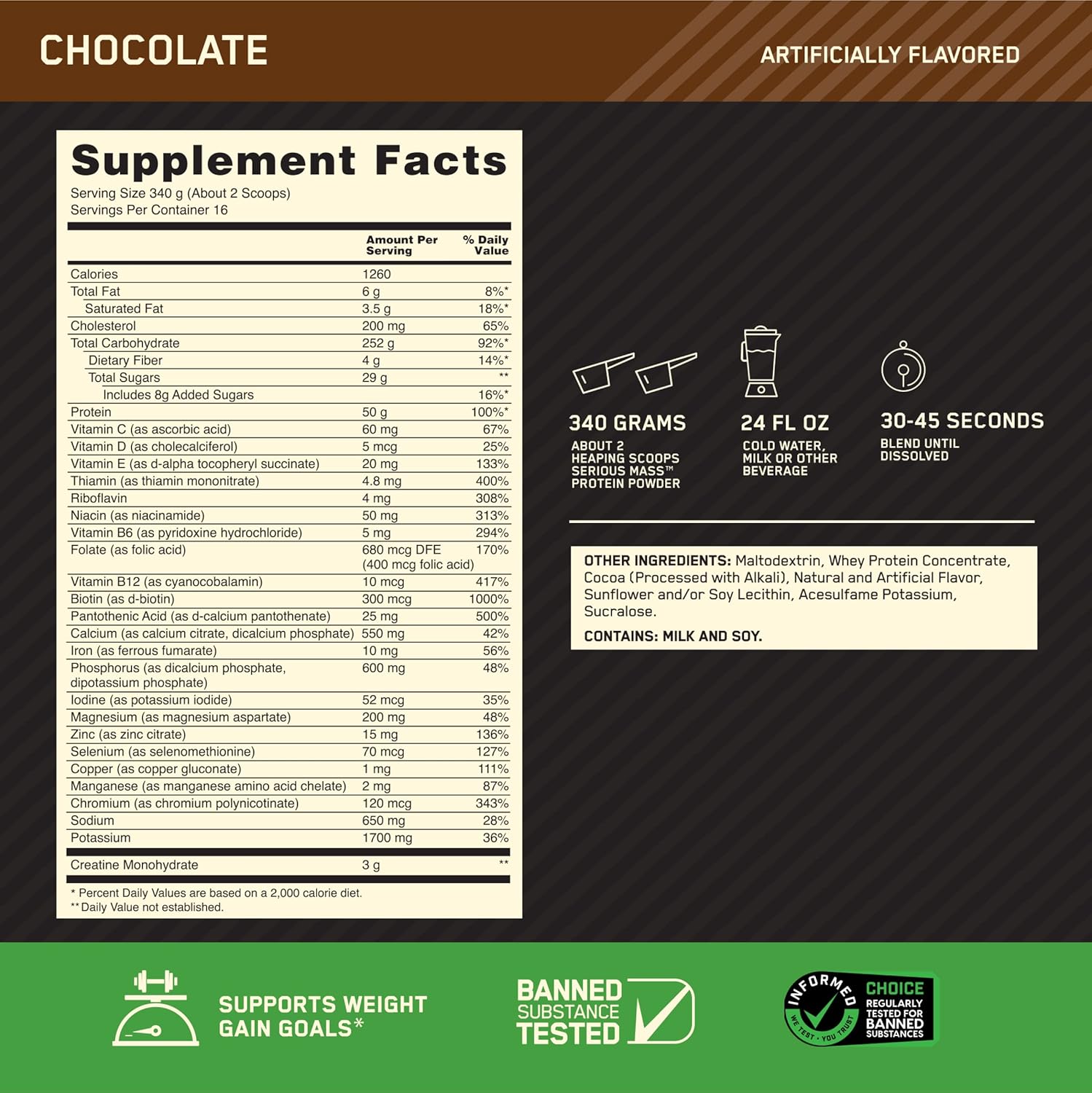Optimum Nutrition Serious Mass, Weight Gainer Protein Powder, Mass Gainer, Vitamin C and Zinc for Immune Support, Creatine, Chocolate, 12 Pound (Packaging May Vary)
