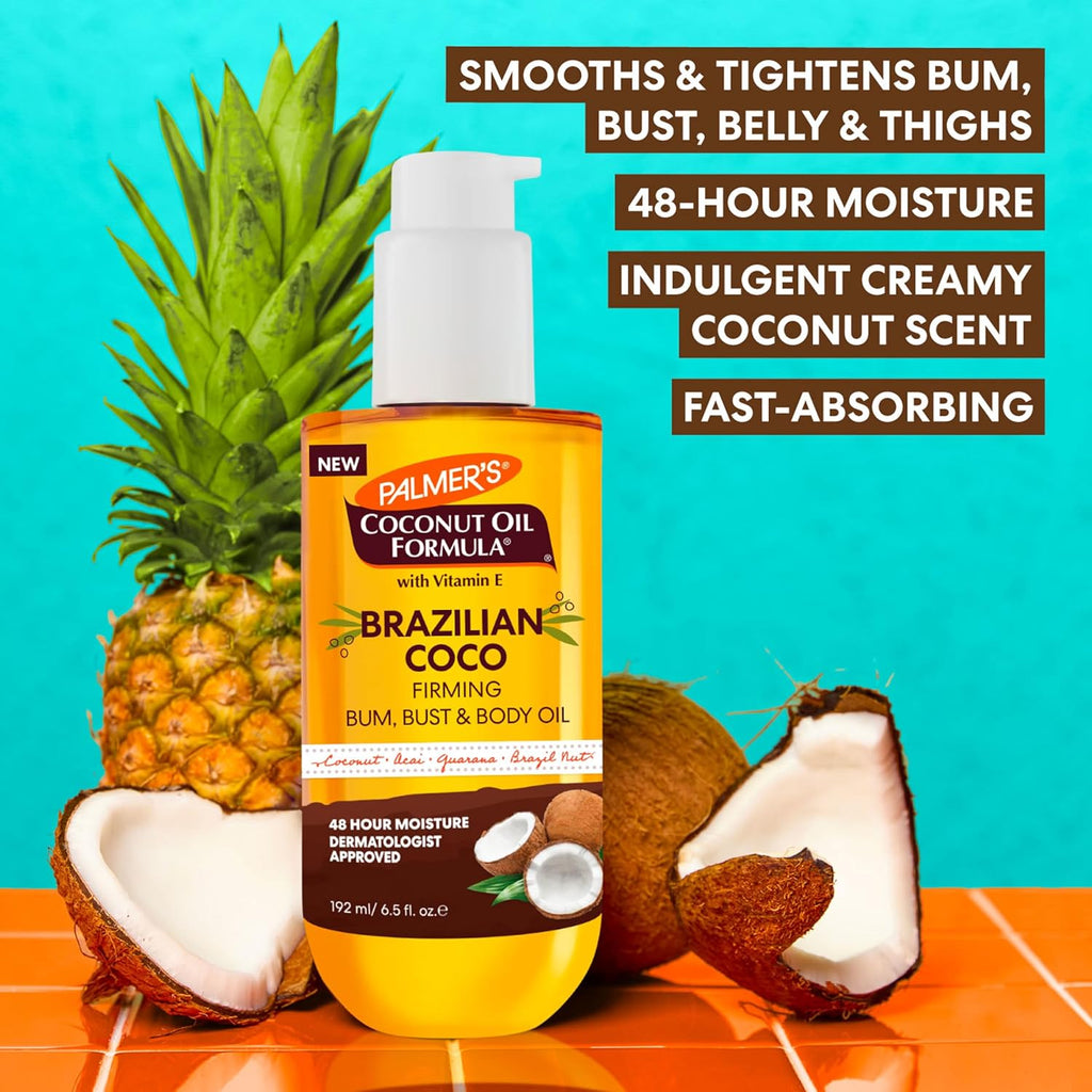 Palmer's Coconut Oil Formula Brazilian Coco Firming Body Oil with Vitamin E, 6.5 Fl Oz, Helps with Skin Tightening & Firming of Bum, Bust & Belly, Provides 48Hr Moisture, Dermatologist Approved