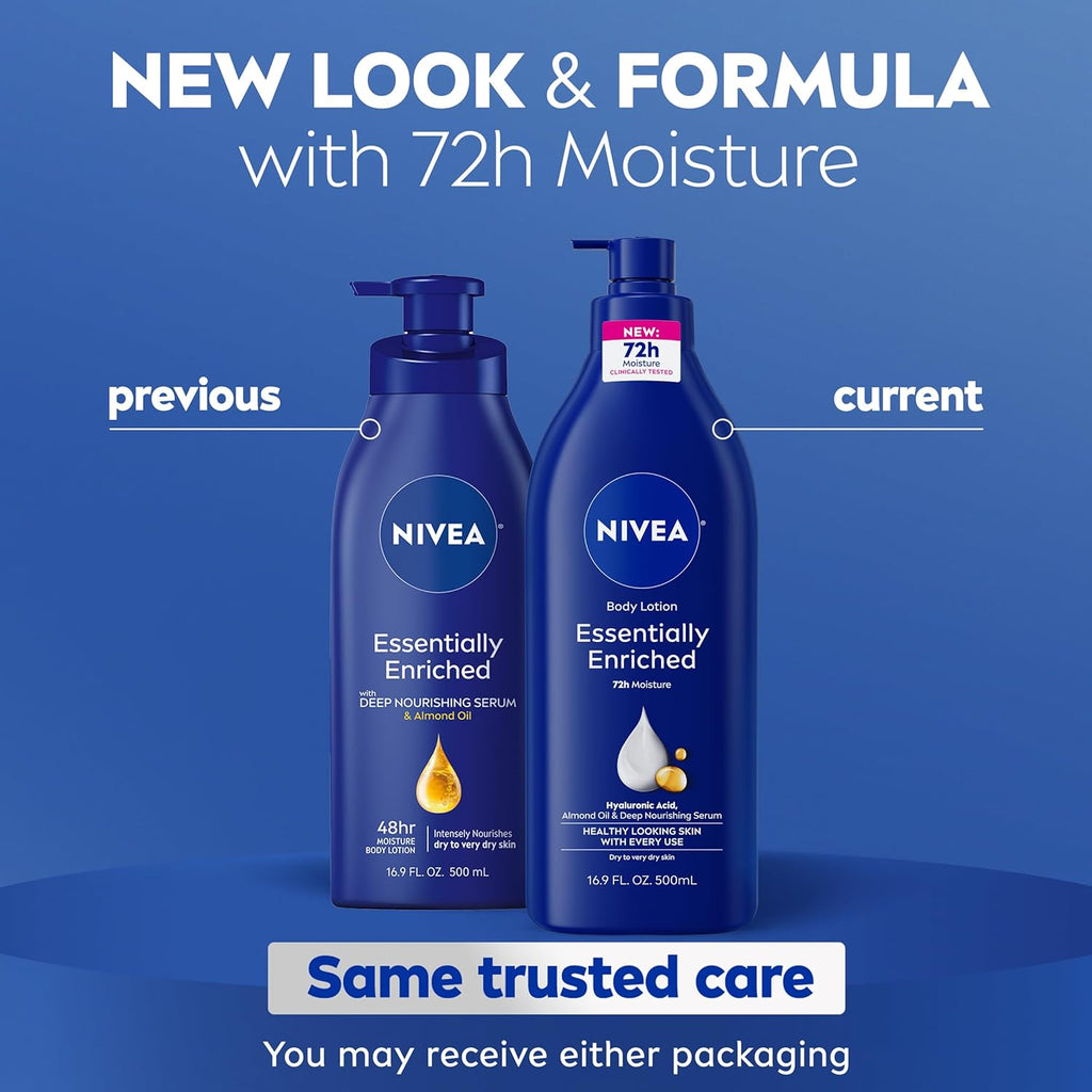 NIVEA Essentially Enriched Body Lotion for Very Dry Skin with Hyaluronic Acid, Almond Oil and Deep Nourishing Serum, 72-Hour Body Moisturizer, 16.9 Fl Oz Pump Bottle, Pack of 2