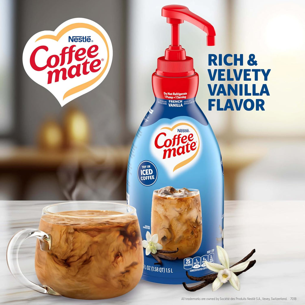 Nestle Coffee mate Coffee Creamer, French Vanilla, Concentrated Liquid Pump Bottle, Non Dairy, No Refrigeration, 50.7 fl oz (Pack of 2)