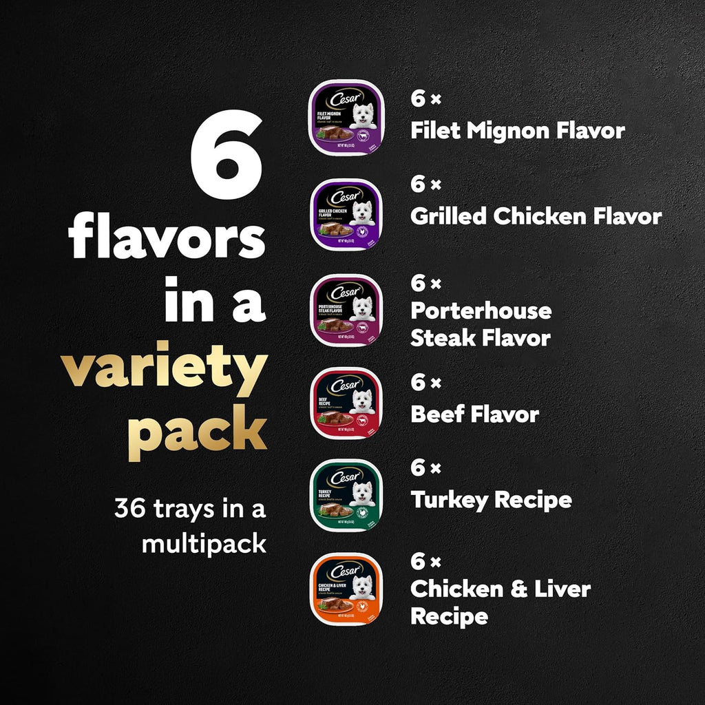 Cesar Wet Dog Food Classic Loaf in Sauce Grilled Chicken, Filet Mignon, Porterhouse Steak, Beef, Chicken & Liver and Turkey Variety Pack 3.5 oz. Easy Peel Trays (36 Count, Pack of 1)