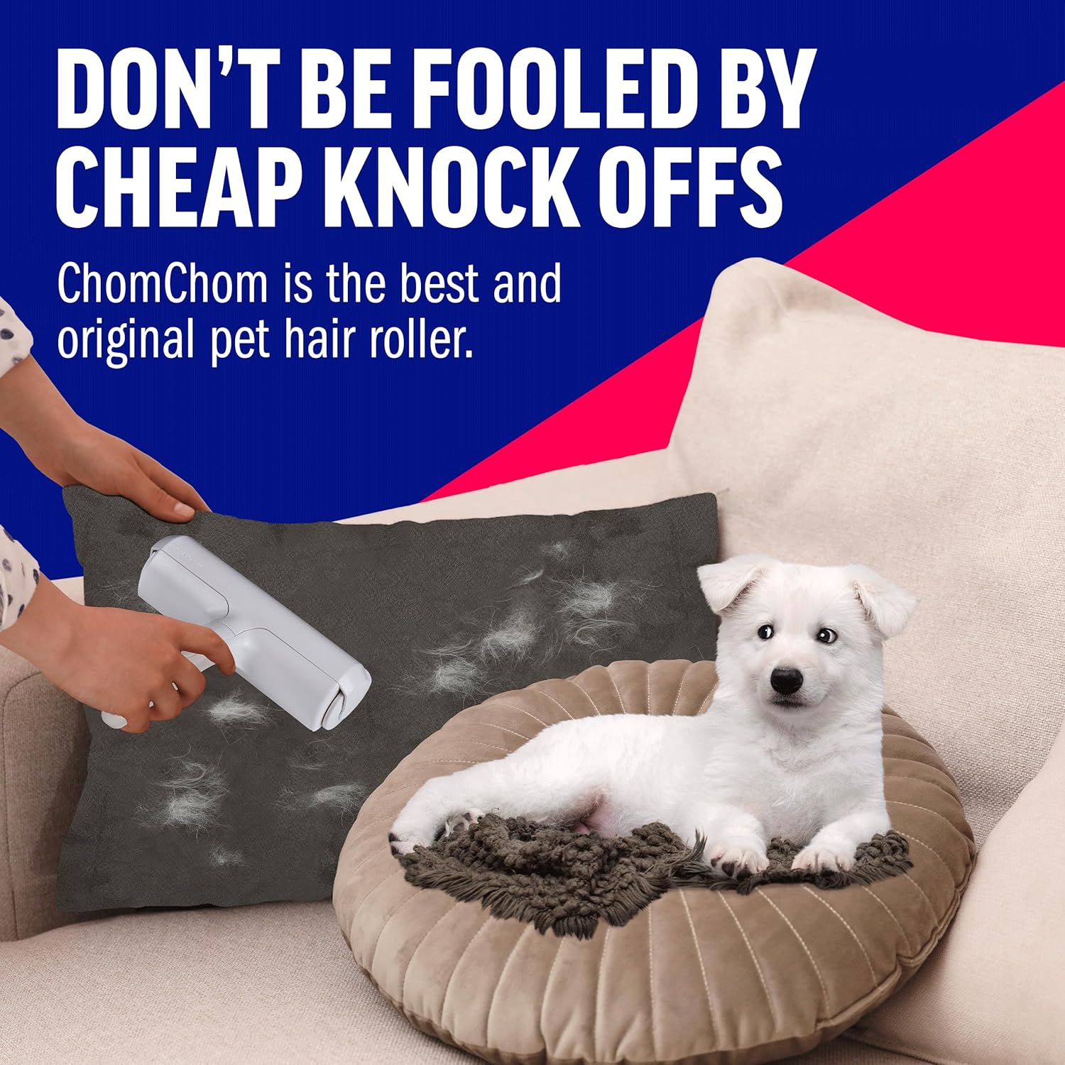 ChomChom Roller Pet Hair Remover – Original Size Reusable Lint Roller for Cat & Dog Hair on Furniture, Couch, Carpet, Car, Rugs & Bedding – Portable, Eco-Friendly (White)