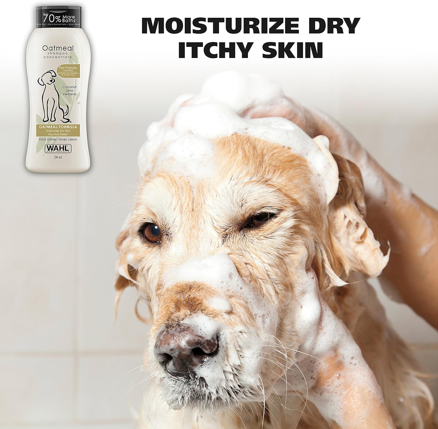 Wahl USA Dry Skin & Itch Relief Pet Shampoo for Dogs – Oatmeal Formula with Coconut Lime Verbena Scent & Pet Friendly Formula, 24 Oz - Model 820004A